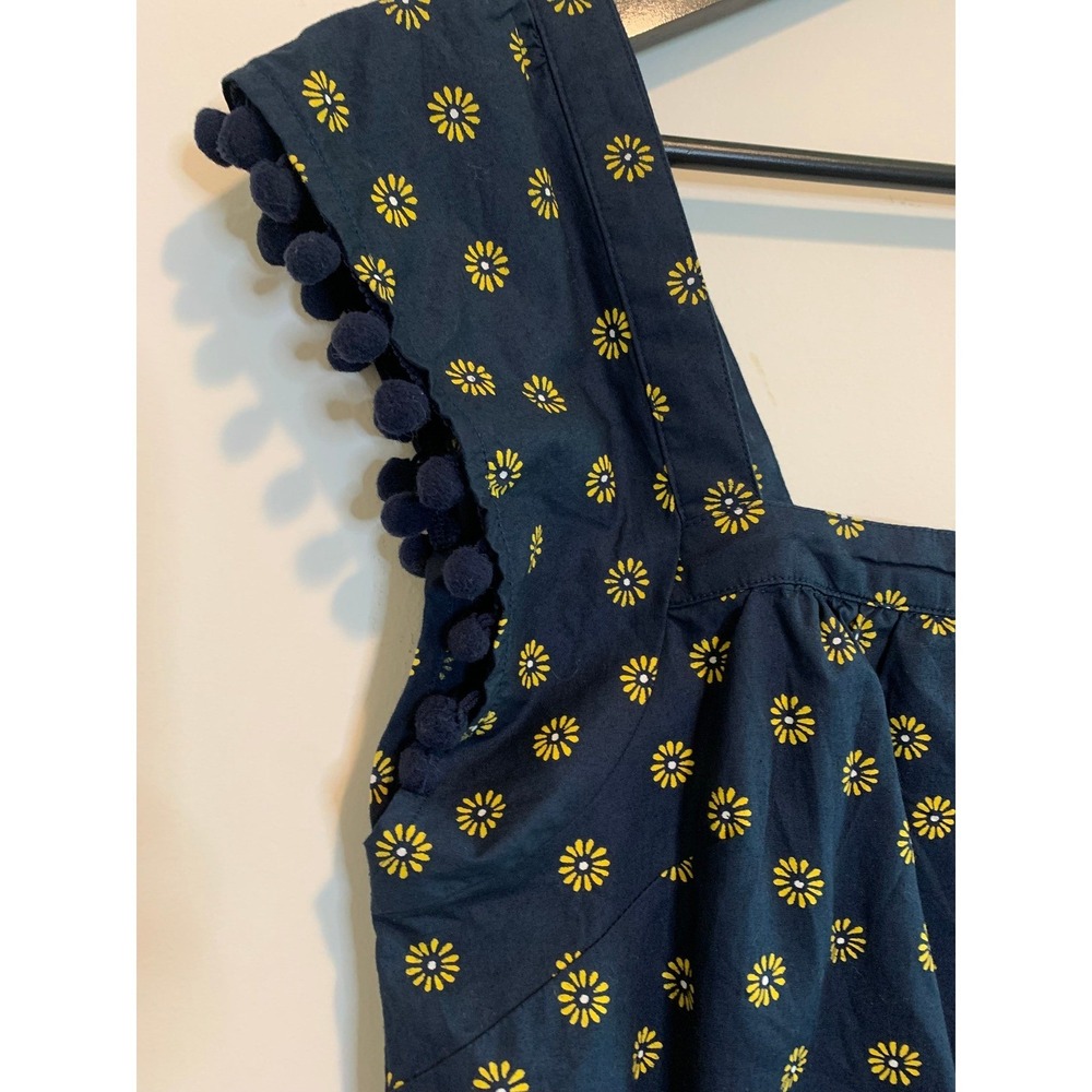 J.Crew Women Cotton Navy Blue Daisy Floral Pom Pom Trim Square Neck Top 4 - Picture 7 of 9